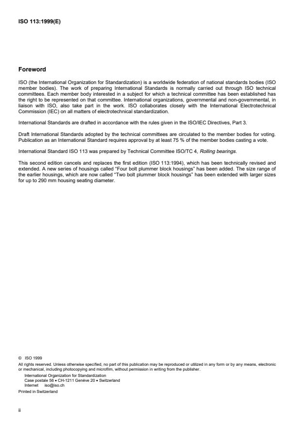 ISO 113:1999 ISO 113:1999 - Rolling bearings -- Plummer block housings -- Boundary dimensions - Page 2 preview