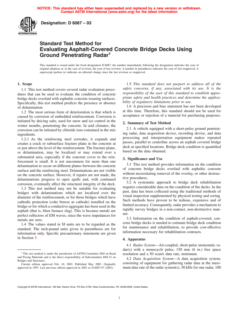 ASTM D6087-03 - Standard Test Method for Evaluating Asphalt-Covered Concrete Bridge Decks Using Ground Penetrating Radar