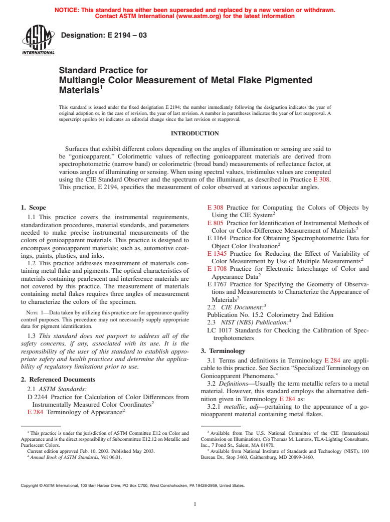 ASTM E2194-03 - Standard Practice for Multiangle Color Measurement of Metal Flake Pigmented Materials