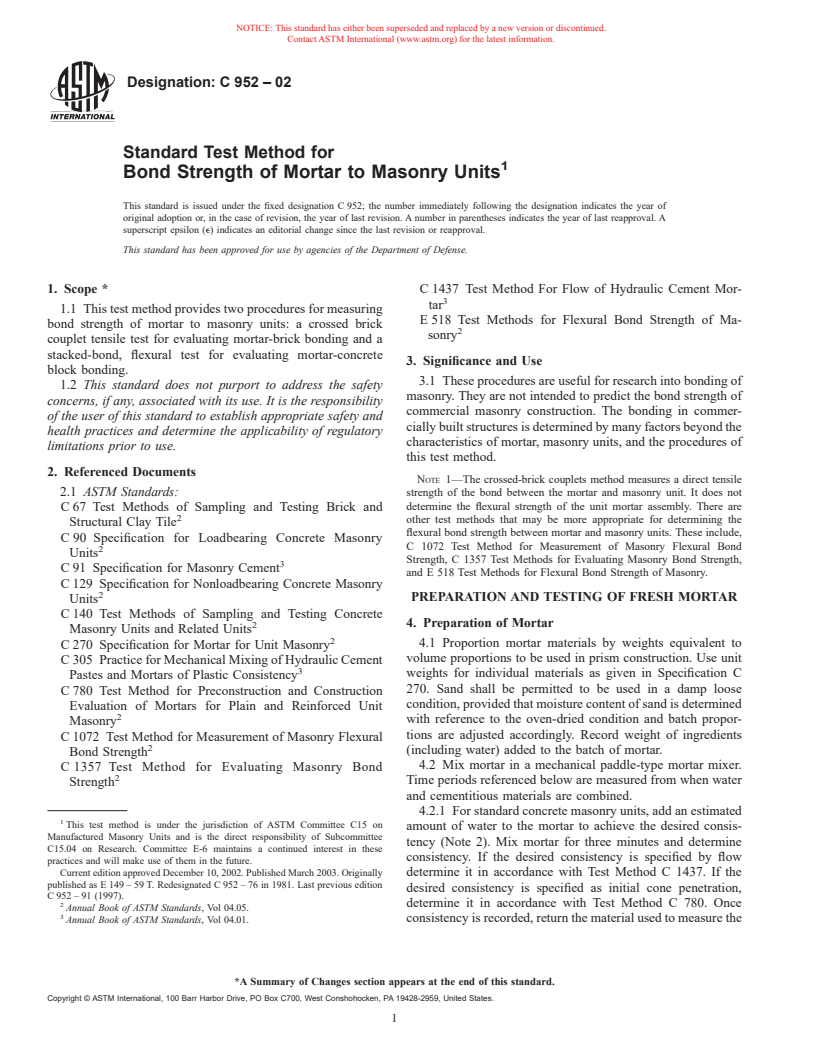 ASTM C952-02 - Standard Test Method for Bond Strength of Mortar to Masonry Units