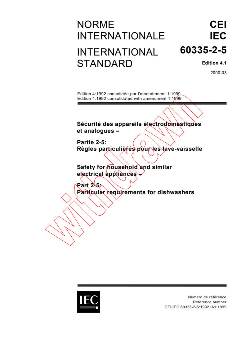IEC 60335-2-5:1992+AMD1:1999 CSV - Safety for household and similar electrical appliances - Part 2-5: Particular requirements for dishwashers
Released:3/30/2000
Isbn:2831850932
