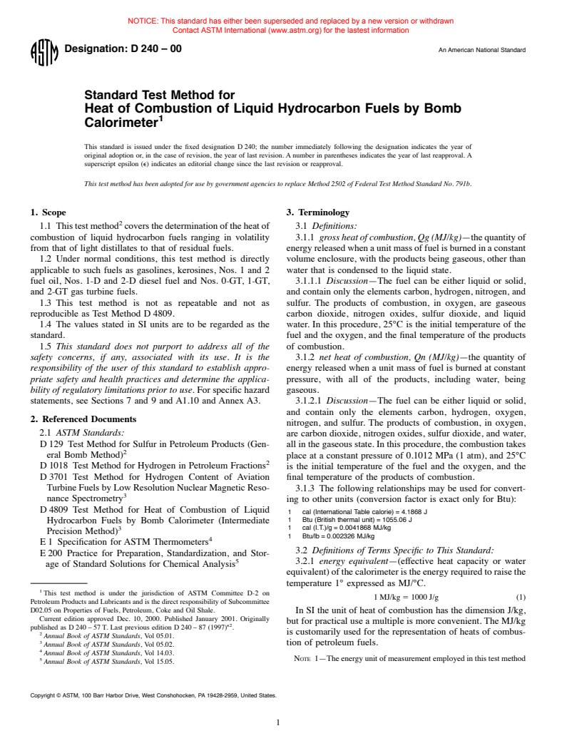 ASTM D240-00 - Standard Test Method for Heat of Combustion of Liquid Hydrocarbon Fuels by Bomb Calorimeter