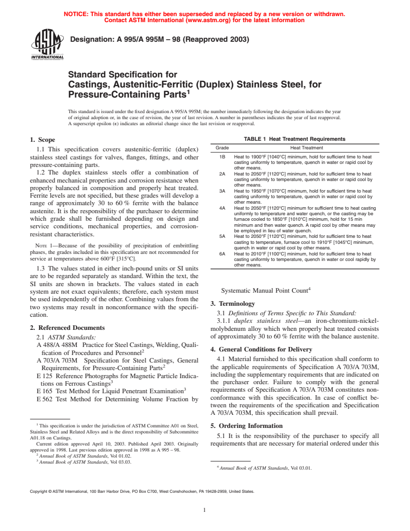 ASTM A995/A995M-98(2003) - Standard Specification for Castings, Austenitic-Ferritic (Duplex) Stainless Steel, for Pressure-Containing Parts