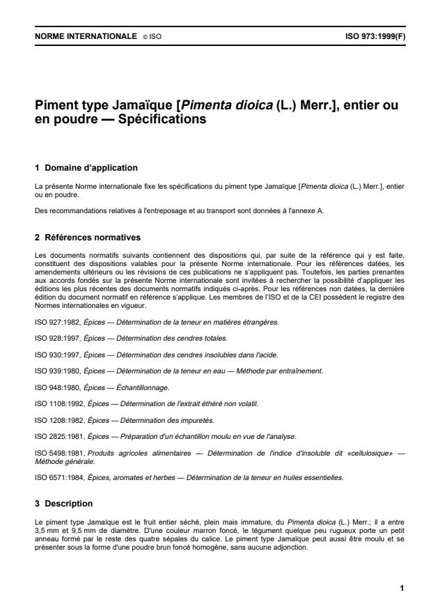 ISO 973:1999 - Piment type Jamaique [Pimenta dioica (L.) Merr.], entier ou en poudre -- Spécifications
