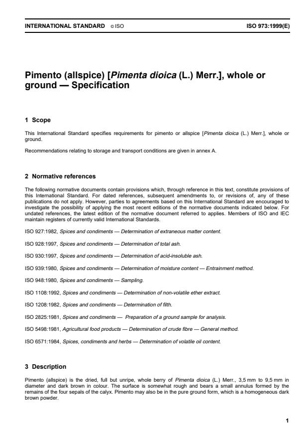 ISO 973:1999 - Pimento (allspice) [Pimenta dioica (L.) Merr.], whole or ground -- Specification