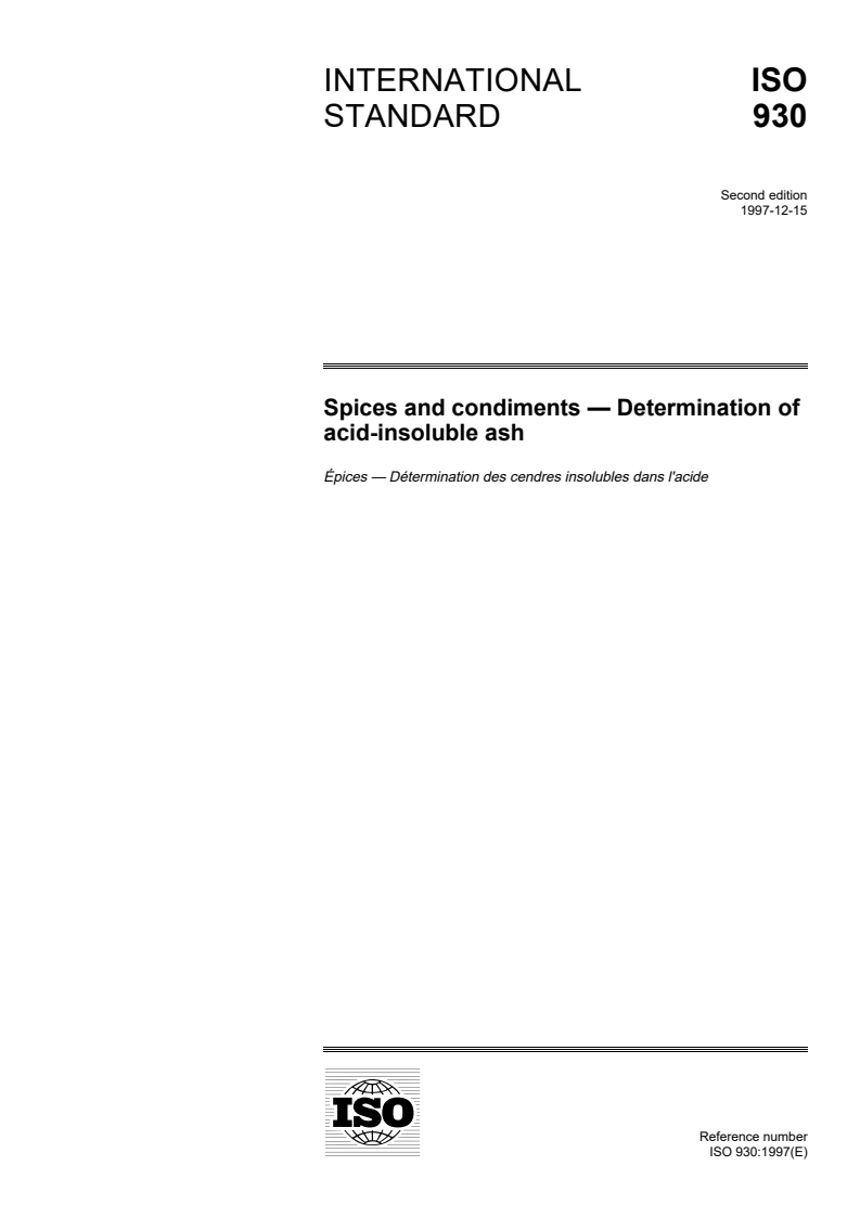 ISO 930:1997 - Spices and condiments — Determination of acid-insoluble ash
Released:12/4/1997