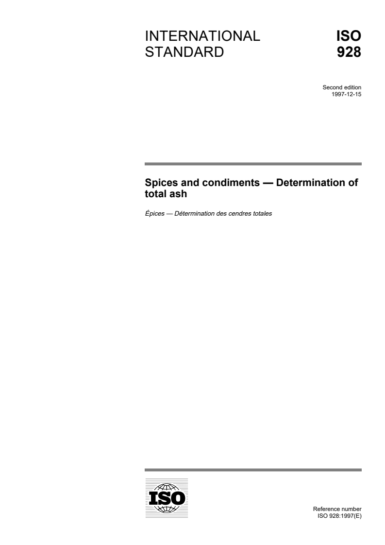 ISO 928:1997 - Spices and condiments — Determination of total ash
Released:12/4/1997