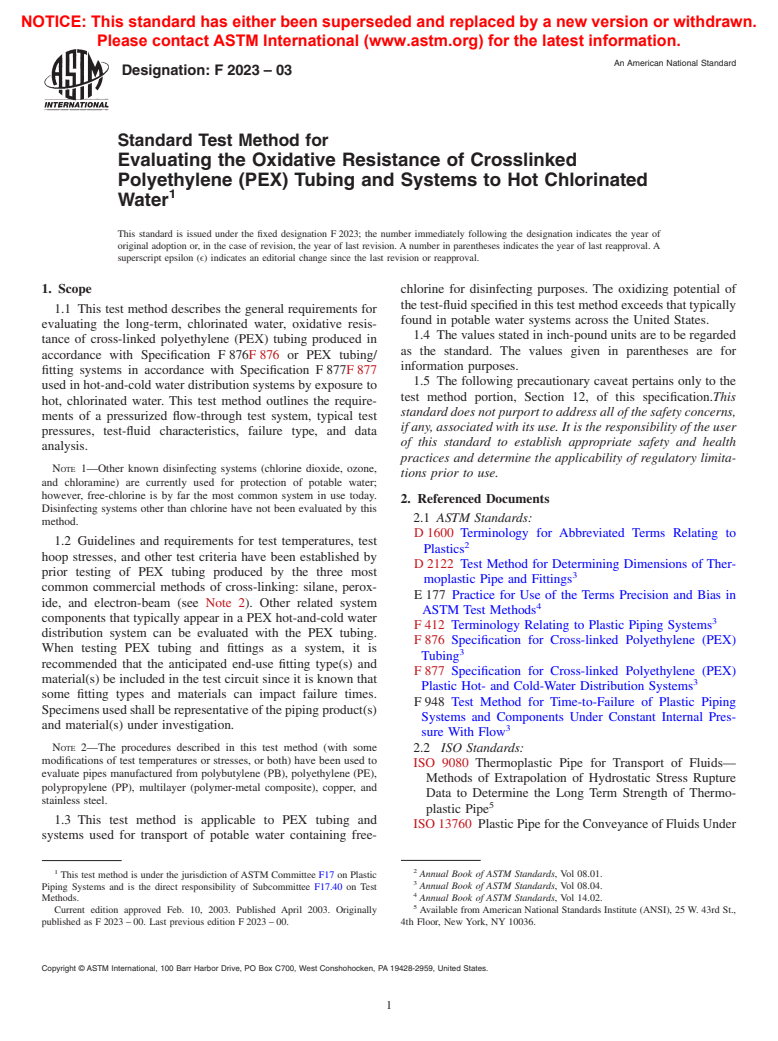 ASTM F2023-03 - Standard Test Method for Evaluating the Oxidative Resistance of Crosslinked Polyethylene (PEX) Tubing and Systems to Hot Chlorinated Water