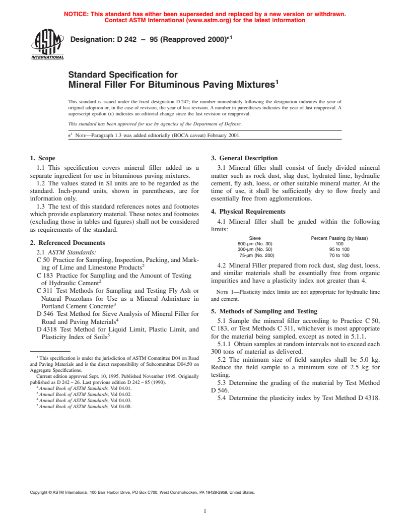 ASTM D242-95(2000)e1 - Standard Specification for Mineral Filler For Bituminous Paving Mixtures