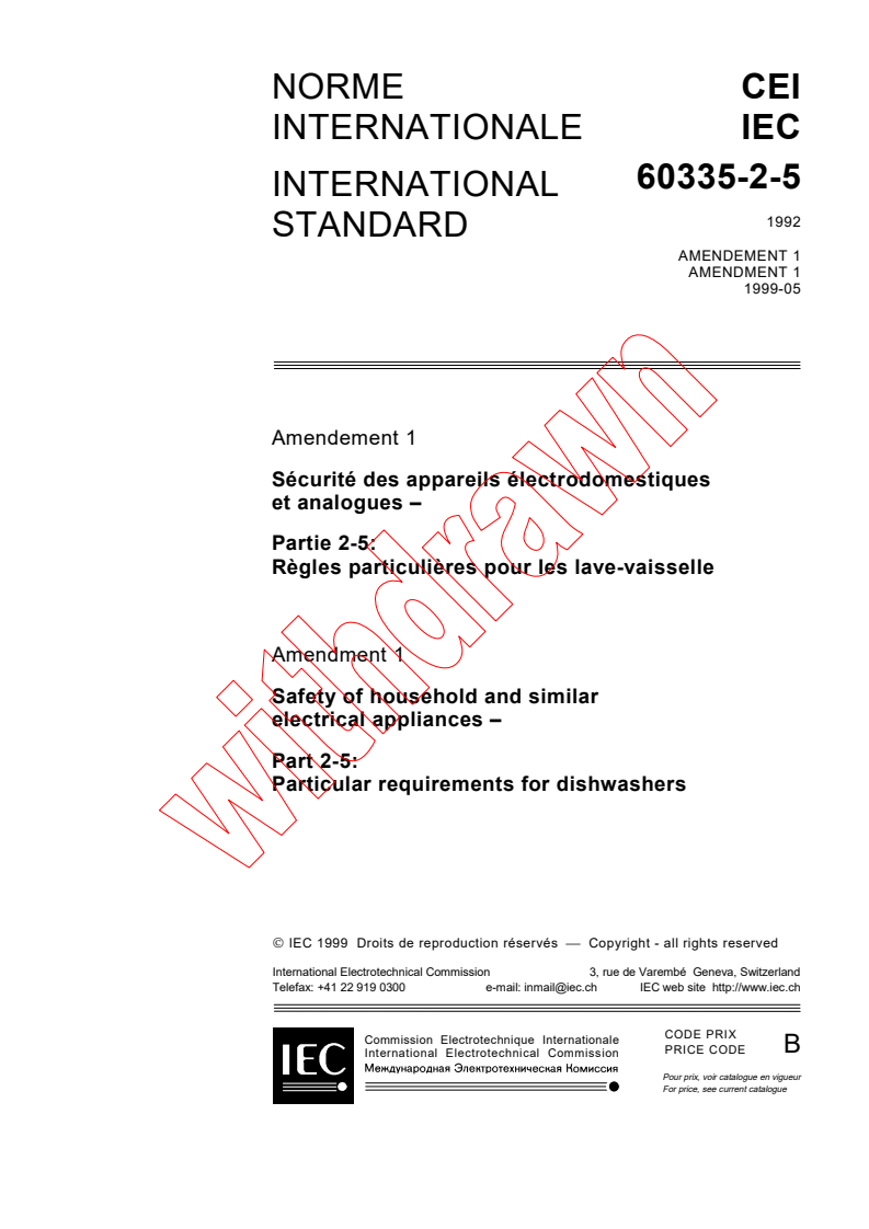 IEC 60335-2-5:1992/AMD1:1999 - Amendment 1 - Safety of household and similar electrical appliances - Part 2-5: Particular requirements for dishwashers
Released:5/31/1999