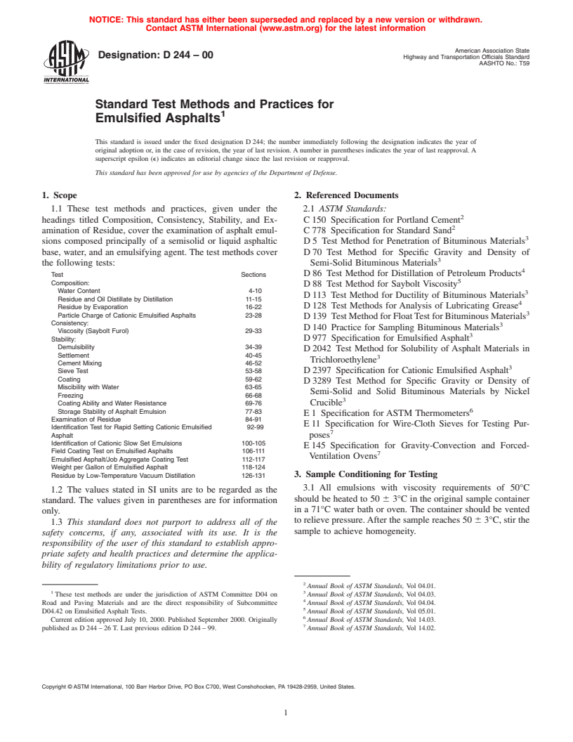 ASTM D244-00 - Standard Test Methods for Emulsified Asphalts