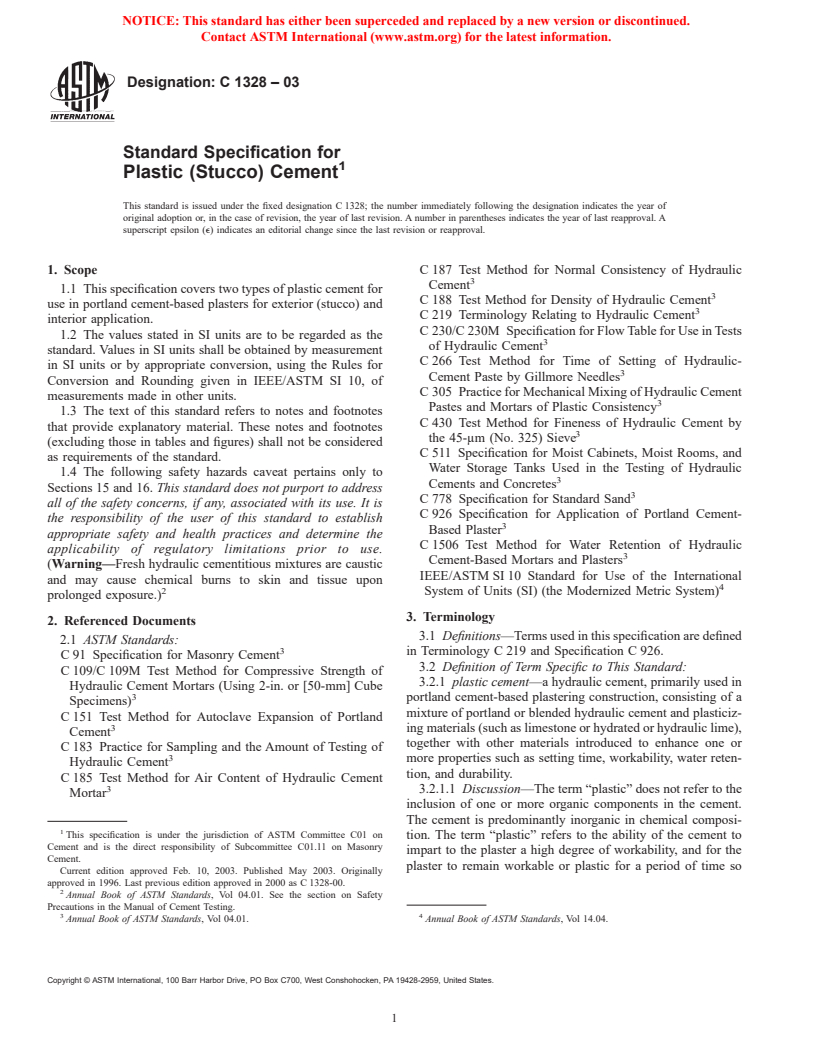 ASTM C1328-03 - Standard Specification for Plastic (Stucco) Cement