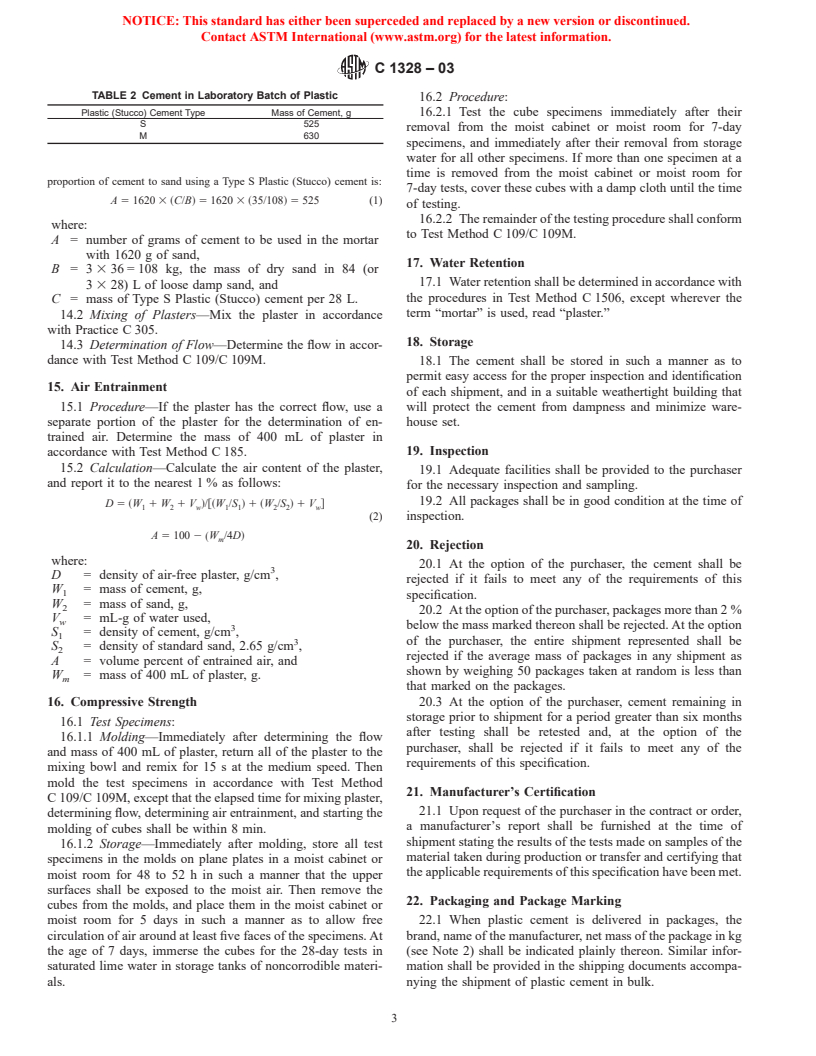 ASTM C1328-03 - Standard Specification for Plastic (Stucco) Cement