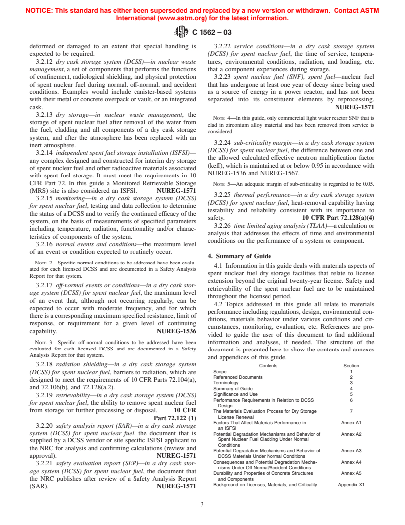 ASTM C1562-03 - Standard Guide for Evaluation of Materials Used in Extended Service of Interim Spent Nuclear Fuel Dry Storage Systems