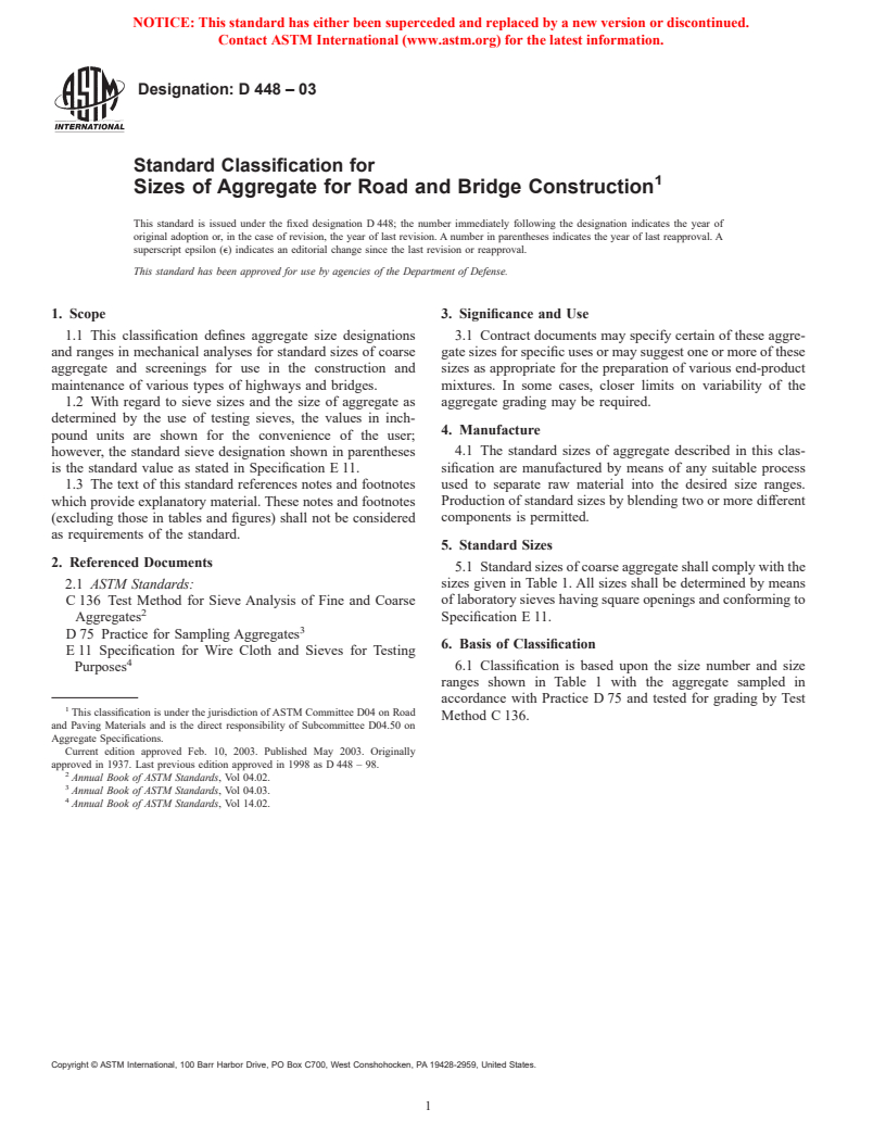 ASTM D448-03 - Standard Classification for Sizes of Aggregate for Road and Bridge Construction