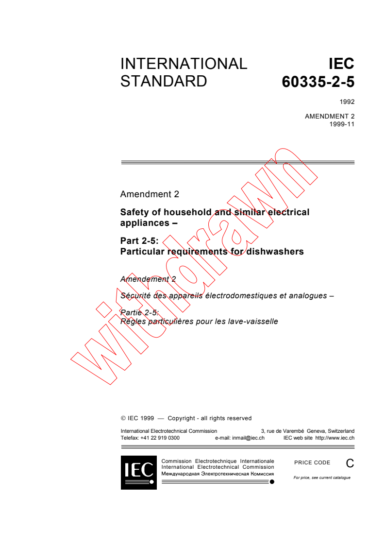 IEC 60335-2-5:1992/AMD2:1999 - Amendment 2 - Safety of household and similar electrical appliances - Part 2-5: Particular requirements for dishwashers
Released:11/30/1999
Isbn:2831850207
