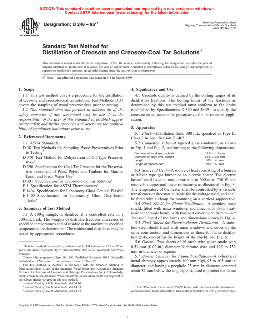 ASTM D246-95e1 - Standard Test Method for Distillation of Creosote and Creosote-Coal Tar Solutions