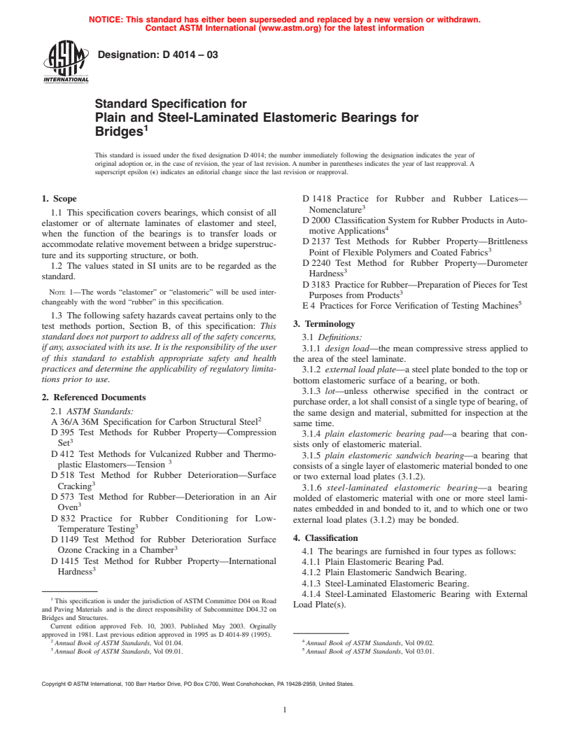 ASTM D4014-03 - Standard Specification for Plain and Steel-Laminated Elastomeric Bearings for Bridges