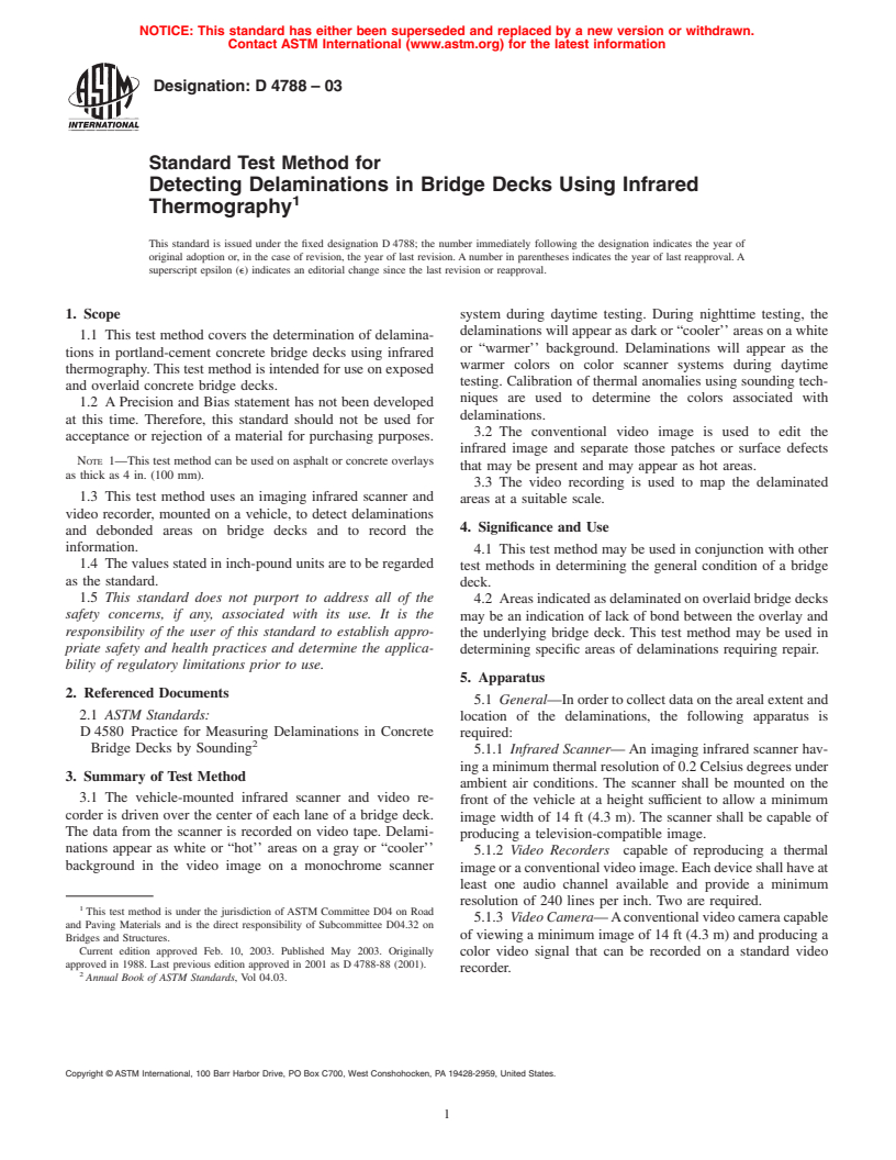 ASTM D4788-03 - Standard Test Method for Detecting Delaminations in Bridge Decks Using Infrared Thermography