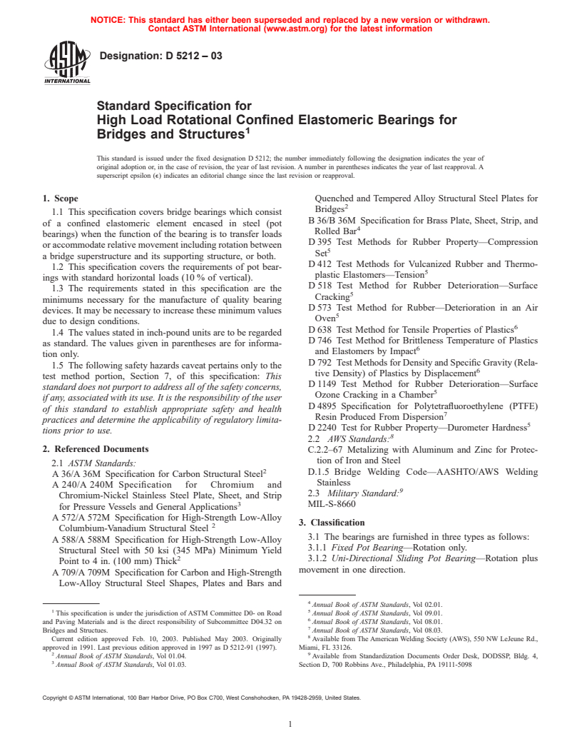 ASTM D5212-03 - Standard Specification for High Load Rotational Confined Elastomeric Bearings for Bridges and Structures (Withdrawn 2004)