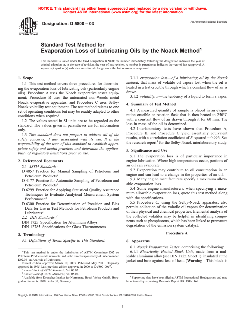 ASTM D5800-03 - Standard Test Method for Evaporation Loss of Lubricating Oils by the Noack Method