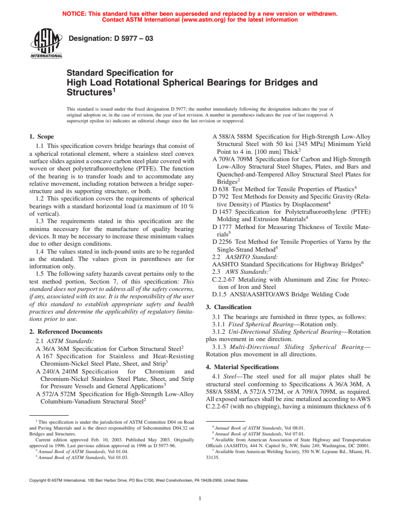 ASTM D5977-03 - Standard Specification for High Load Rotational Spherical Bearings for Bridges and Structures