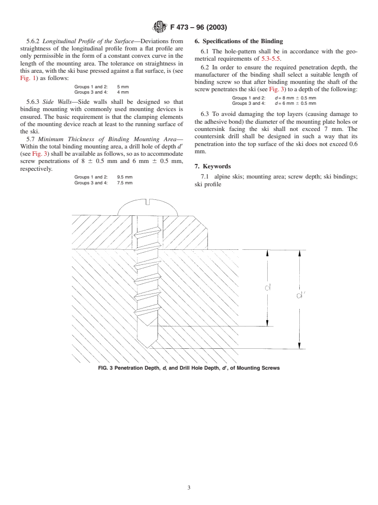 ASTM F473-96(2003) - Standard Specification for Binding Mounting Area Dimensions on Alpine Skis and Bindings