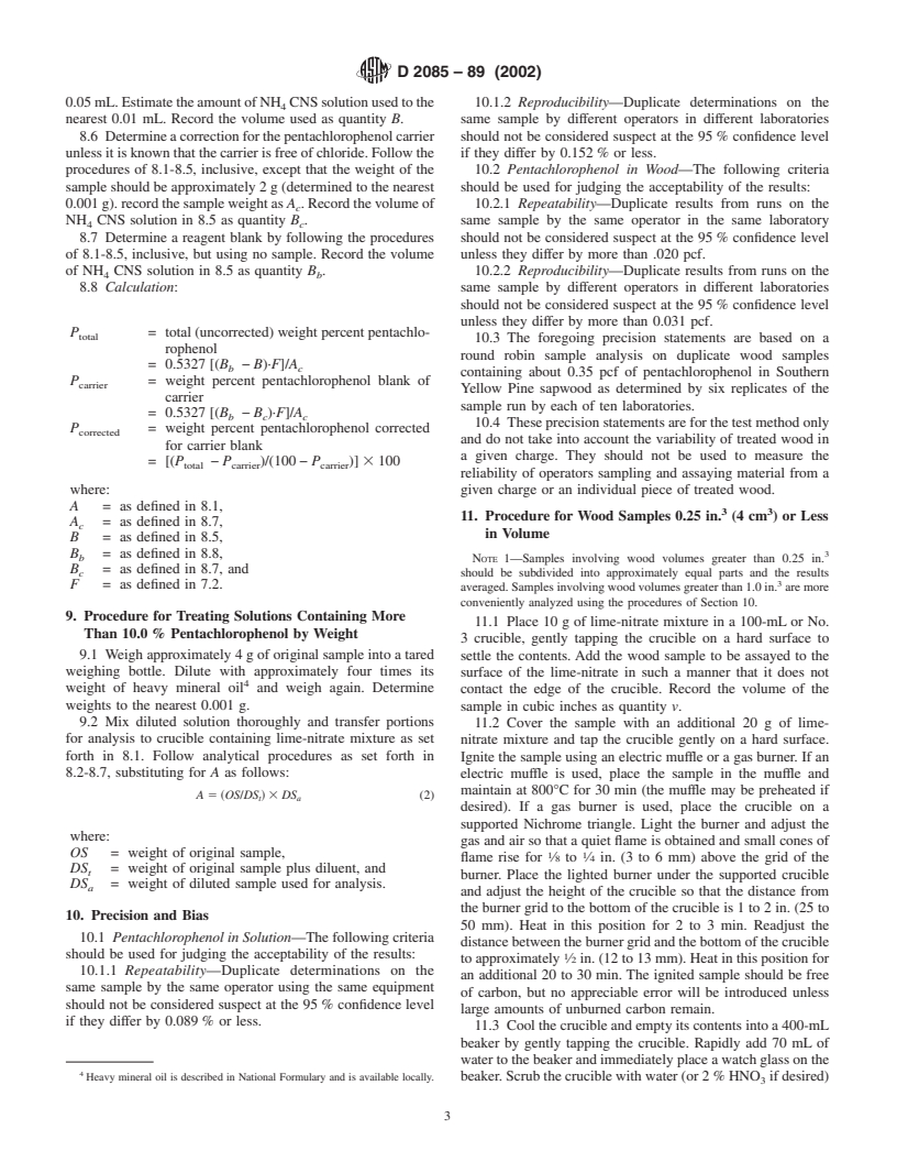 ASTM D2085-89(2002) - Standard Test Method for Determining Chloride Used in Calculating Pentachlorophenol in Solutions or Wood (Lime Ignition Method) (Withdrawn 2006)