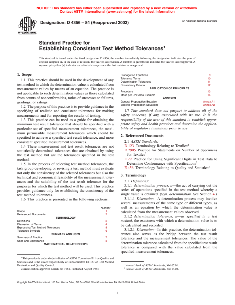 ASTM D4356-84(2002) - Standard Practice for Establishing Consistent Test Method Tolerances (Withdrawn 2007)