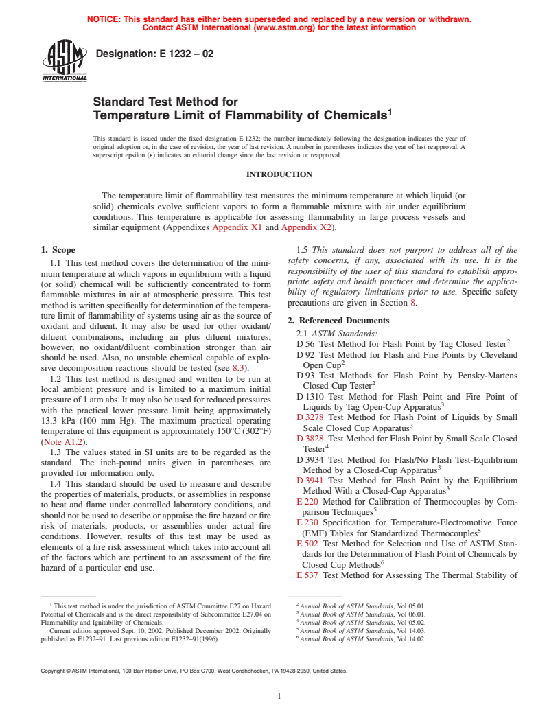 ASTM E1232-02 - Standard Test Method for Temperature Limit of Flammability of Chemicals