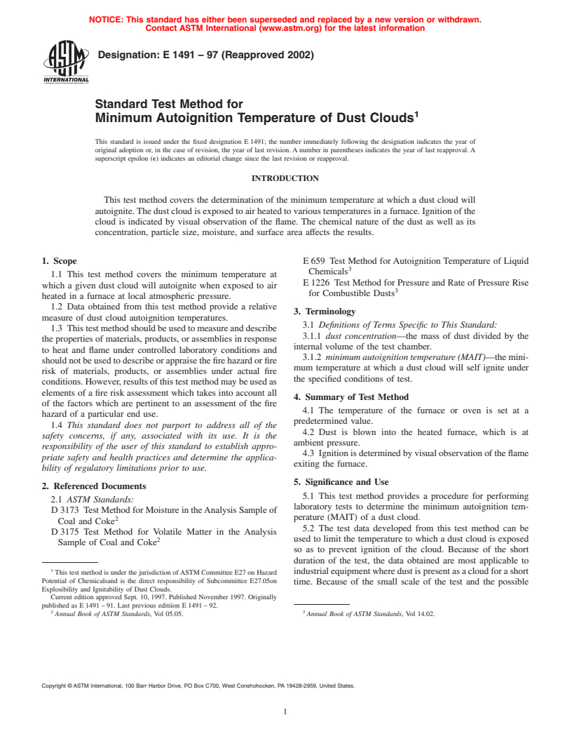 ASTM E1491-97(2002) - Standard Test Method for Minimum Autoignition Temperature of Dust Clouds