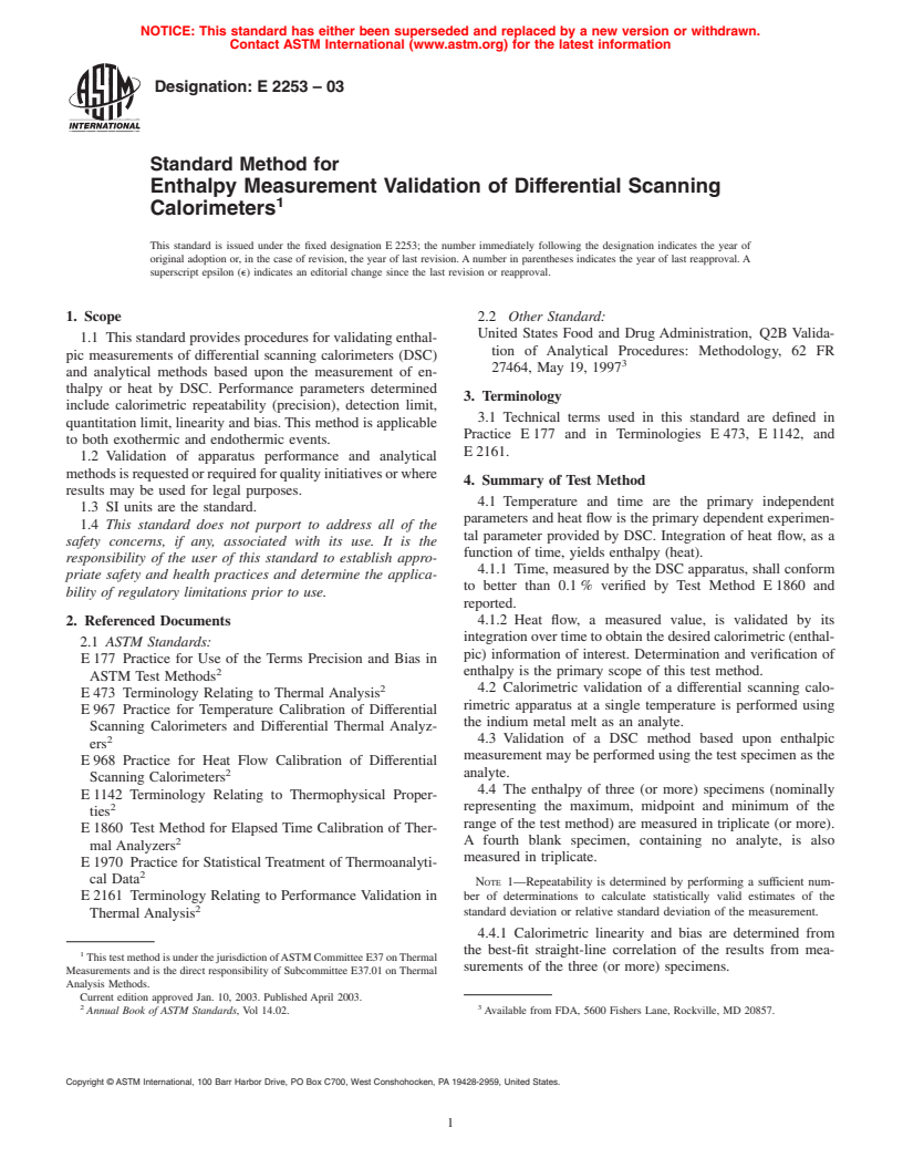 ASTM E2253-03 - Standard Method for Enthalpy Measurement Validation of Differential Scanning Calorimeters