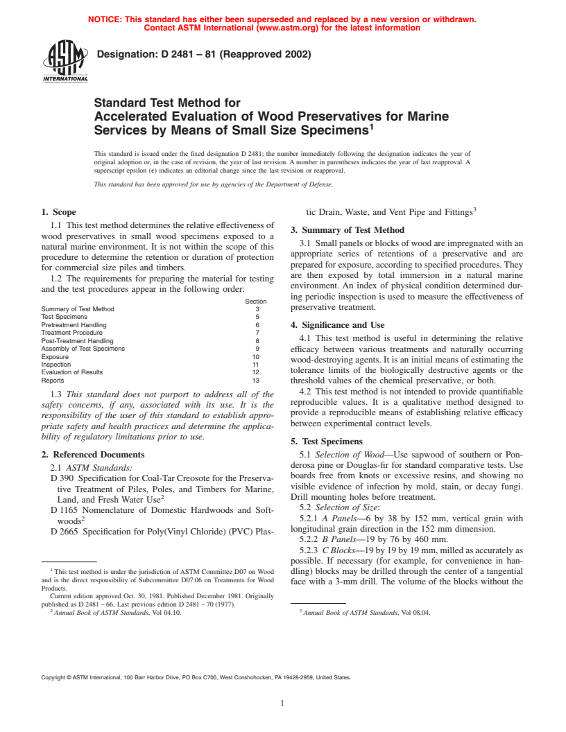 ASTM D2481-81(2002) - Standard Test Method for Accelerated Evaluation of Wood Preservatives for Marine Services by Means of Small Size Specimens