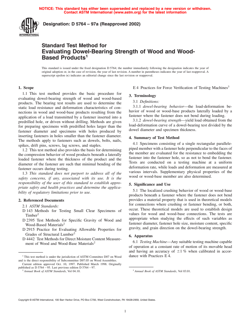 ASTM D5764-97a(2002) - Standard Test Method for Evaluating Dowel-Bearing Strength of Wood and Wood-Base Products