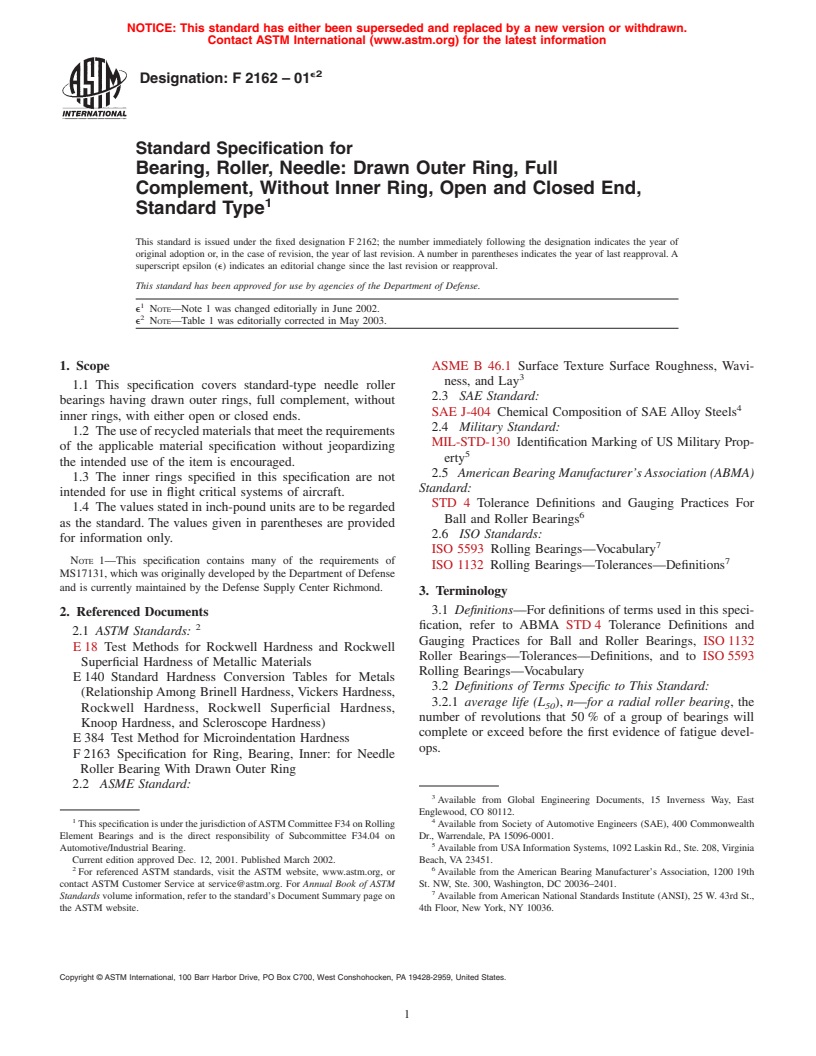 ASTM F2162-01e2 - Standard Specification for Bearing, Roller, Needle: Drawn Outer Ring, Full Complement, Without Inner Ring, Open and Closed End, Standard Type