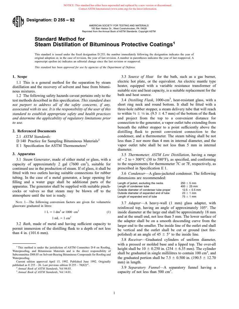 ASTM D255-92 - Standard Method for Steam Distillation of Bituminous Protective Coatings (Withdrawn 2000)