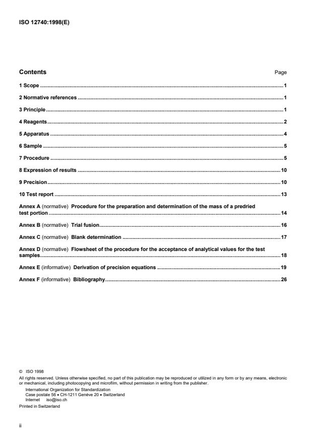 ISO 12740:1998 ISO 12740:1998 - Lead sulfide concentrates -- Determination of silver and gold contents -- Fire assay and flame atomic absorption spectrometric method using scorification or cupellation - Page 2 preview