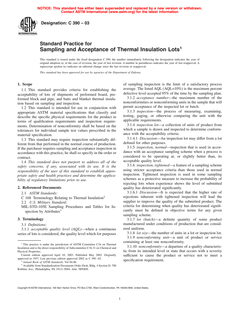 ASTM C390-03 - Standard Practice for Sampling and Acceptance of Thermal Insulation Lots