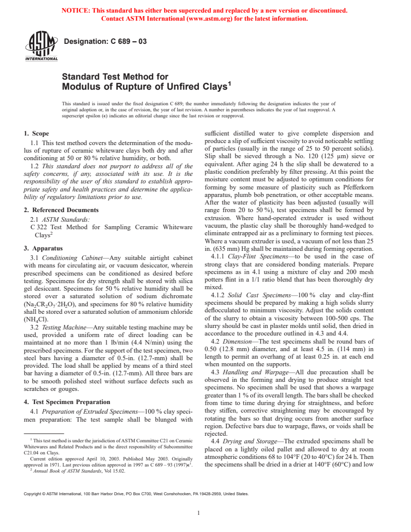 ASTM C689-03 - Standard Test Method for Modulus of Rupture of Unfired Clays