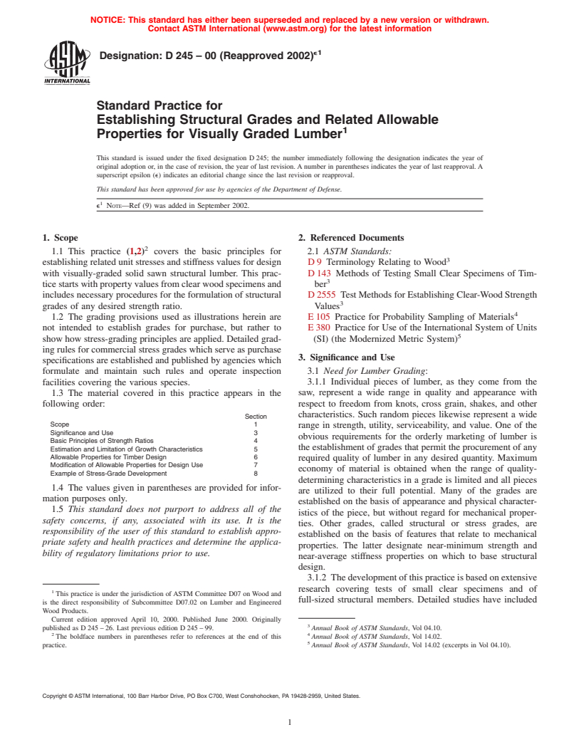 ASTM D245-00(2002)e1 - Standard Practice for Establishing Structural Grades and Related Allowable Properties for Visually Graded Lumber