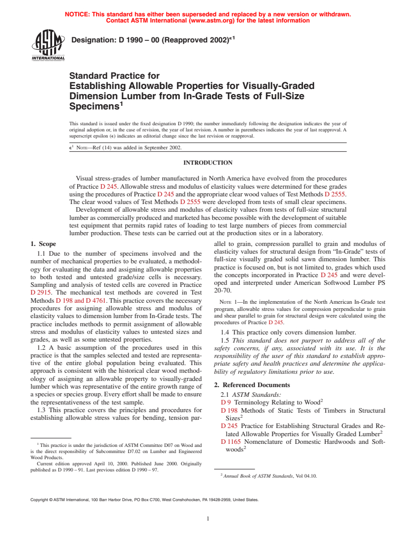 ASTM D1990-00(2002)e1 - Standard Practice for Establishing Allowable Properties for Visually-Graded Dimension Lumber from In-Grade Tests of Full-Size Specimens