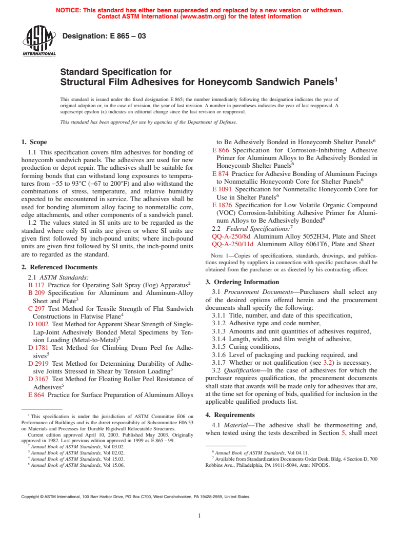 ASTM E865-03 - Standard Specification for Structural Film Adhesives for Honeycomb Sandwich Panels