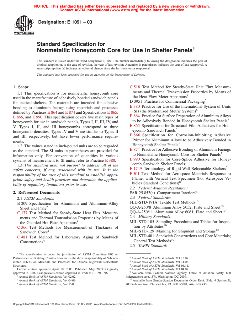 ASTM E1091-03 - Standard Specification for Nonmetallic Honeycomb Core for Use in Shelter Panels