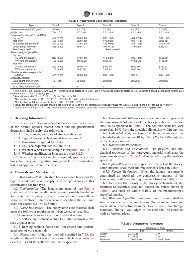 ASTM E1091-03 - Standard Specification for Nonmetallic Honeycomb Core for Use in Shelter Panels