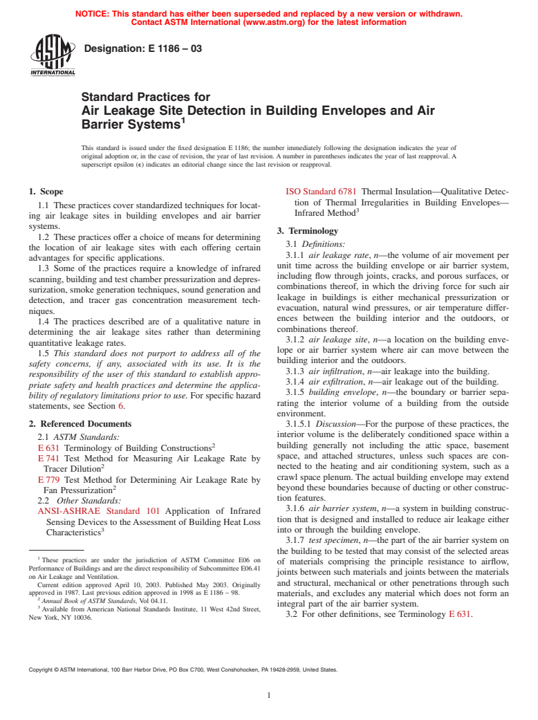 ASTM E1186-03 - Standard Practices for Air Leakage Site Detection in Building Envelopes and Air Barrier Systems