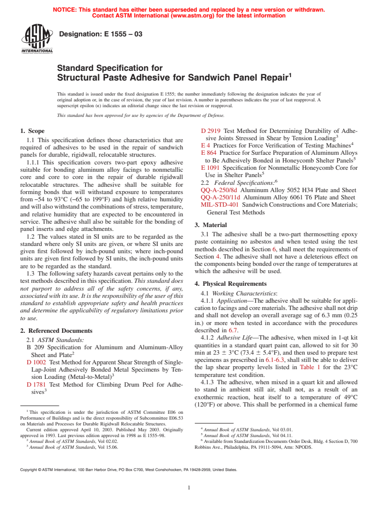 ASTM E1555-03 - Standard Specification for Structural Paste Adhesive for Sandwich Panel Repair