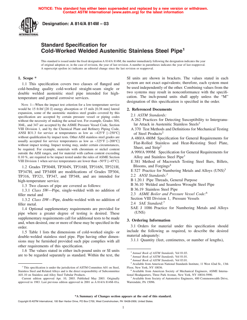 ASTM A814/A814M-03 - Standard Specification for Cold-Worked Welded Austenitic Stainless Steel Pipe