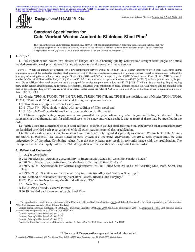 REDLINE ASTM A814/A814M-03 - Standard Specification for Cold-Worked Welded Austenitic Stainless Steel Pipe