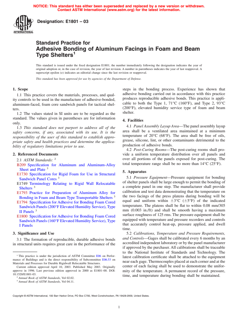 ASTM E1801-03 - Standard Practice for Adhesive Bonding of Aluminum Facings in Foam and Beam Type Shelters