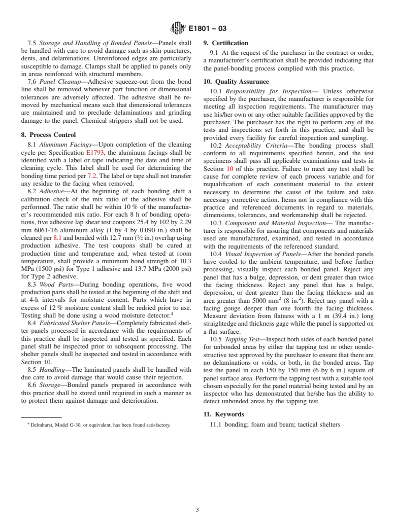 ASTM E1801-03 - Standard Practice for Adhesive Bonding of Aluminum Facings in Foam and Beam Type Shelters